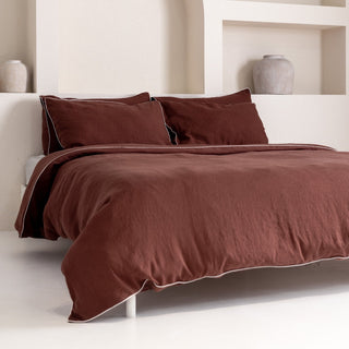 Chocolate Linen Duvet Cover Set with White Piping - Linen Tales Global 