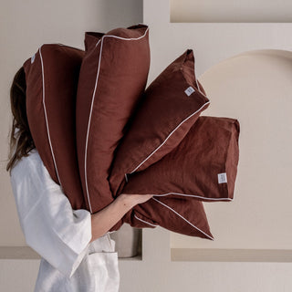 Chocolate Linen Pillowcase with White Piping Set of 2 - Linen Tales Global 2
