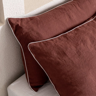 Chocolate Linen Pillowcase with White Piping Set of 2 - Linen Tales Global 3