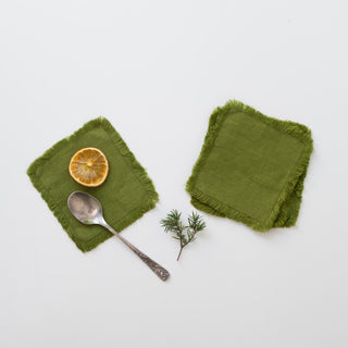 Christmas Green Linen Coasters with Fringes Set of 4 - Linen Tales Global 