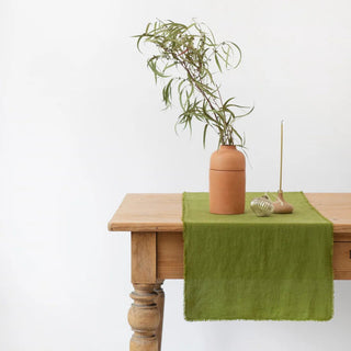 Christmas Green Linen Table Runner with Fringes - Linen Tales Global 