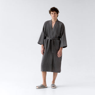 Dark Grey Linen & Cotton Honeycomb Waffle Bathrobe - Linen Tales 3
