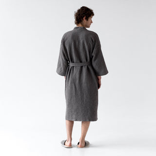Dark Grey Linen & Cotton Honeycomb Waffle Bathrobe - Linen Tales 6