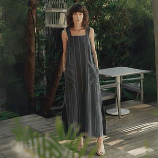 Dark Grey with White Stripe Linen Fugue Dress - Linen Tales 