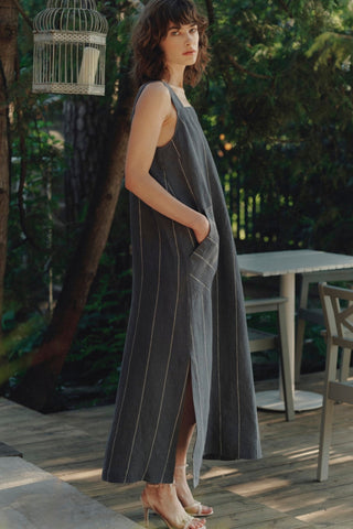 Dark Grey with White Stripe Linen Fugue Dress - Linen Tales 3