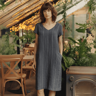 Dark Grey with White Stripe Linen Goldenrod Dress - Linen Tales 