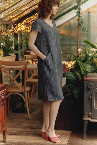 Dark Grey with White Stripe Linen Goldenrod Dress - Linen Tales 
