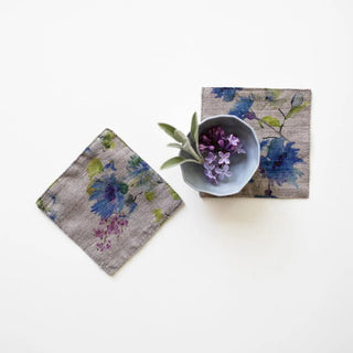 Flowers on Natural Linen Coasters Set of 4 - Linen Tales 