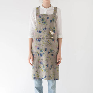 Flowers on Natural Linen Crossback Apron - Linen Tales 