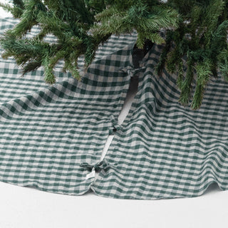 Forest Green Gingham Linen Christmas Tree Skirt - Linen Tales Global 
