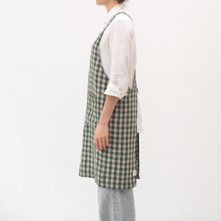 Forest Green Gingham Linen Crossback Apron - Linen Tales 