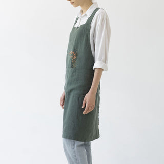 Forest Green Linen Crossback Apron - Linen Tales 