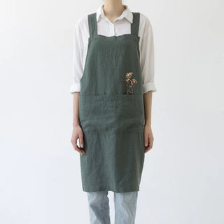 Forest Green Linen Crossback Apron - Linen Tales 