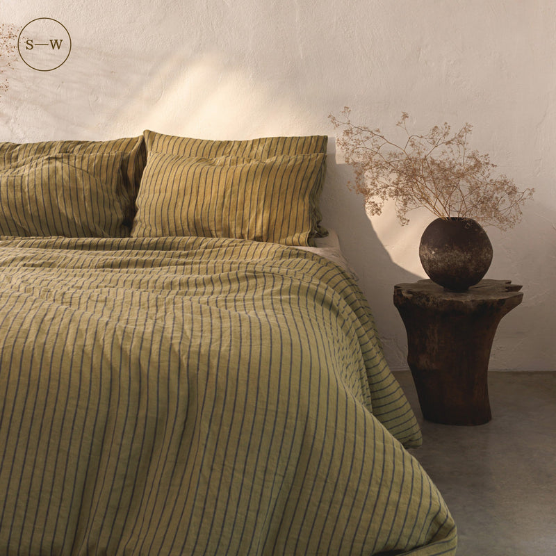 Green Blue Stripe Linen Duvet Cover - Linen Tales