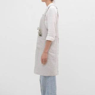 Grey Blue Pinstripe Rustic Linen Crossback Apron - Linen Tales 3