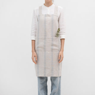 Grey Blue Wide Stripe Linen Crossback Apron - Linen Tales 1