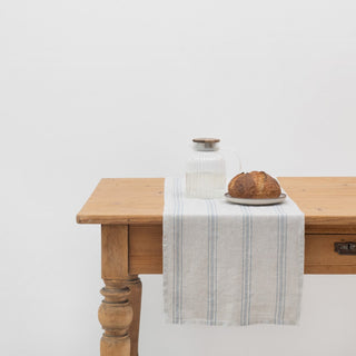 Grey Blue Wide Stripe Linen Table Runner - Linen Tales 