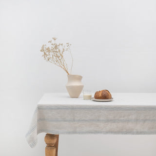 Grey Blue Wide Stripe Linen Tablecloth - Linen Tales 