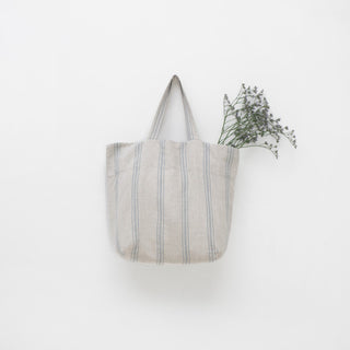 Grey Blue Wide Stripe Rustic Linen Big Bag - Linen Tales 