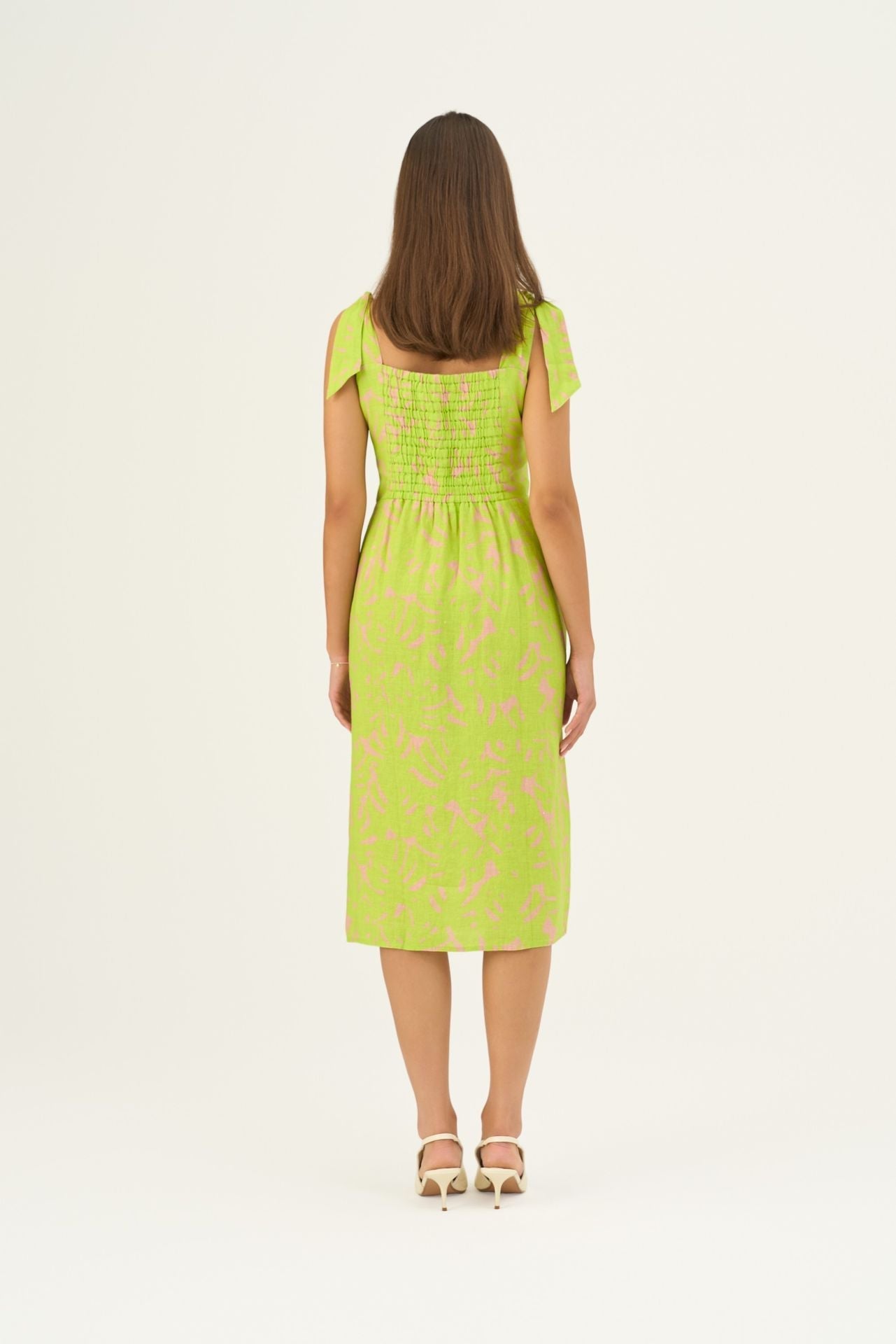 Kiwi Monstera Linen Rumba Dress Linen Tales Global Kiwi Monstera Linen Rumba Dress Linen Tales Global