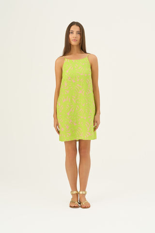 Kiwi Monstera Linen Stella Dress - Linen Tales Global 