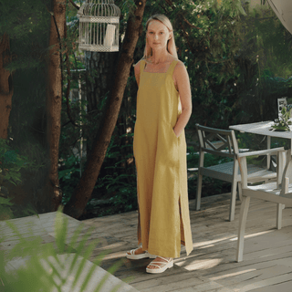 Lemon Curry Linen Fugue Dress - Linen Tales 