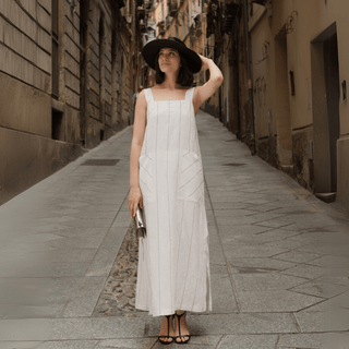 Milk White with Grey Stripe Linen Fugue Dress - Linen Tales 