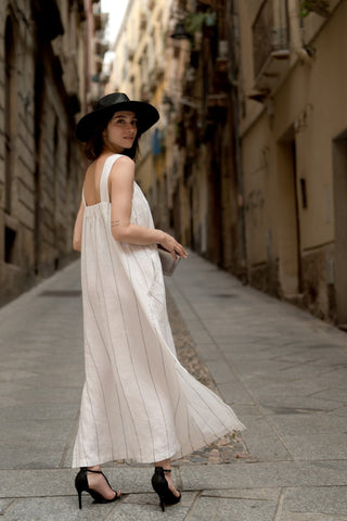 Milk White with Grey Stripe Linen Fugue Dress - Linen Tales 