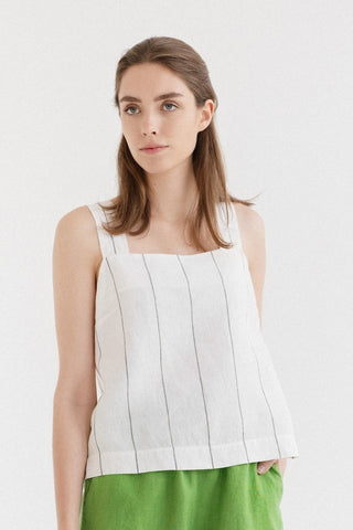 Milk White with Grey Stripe Linen Polka Top - Linen Tales 3