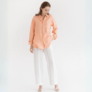 Milk White with Grey Stripe Linen Willow Trousers - Linen Tales 