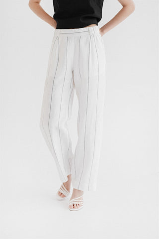 Milk White with Grey Stripe Linen Willow Trousers - Linen Tales 