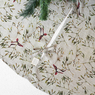 Mistletoe on Natural Linen Christmas Tree Skirt - Linen Tales Global 