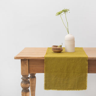 Moss Green Linen Table Runner with Fringes - Linen Tales 