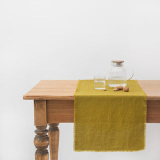 Moss Green Linen Table Runner with Fringes - Linen Tales 