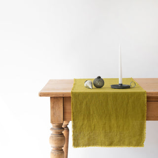 Moss Green Linen Table Runner with Fringes - Linen Tales 3