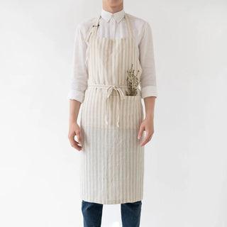 Natural White Stripes Linen Chef Apron - Linen Tales 
