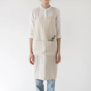 Natural White Stripes Linen Crossback Apron - Linen Tales 1