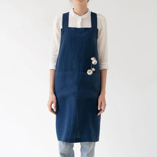 Navy Linen Crossback Apron - Linen Tales 