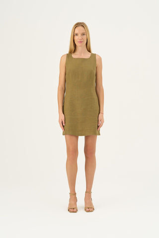 Olive Khaki Linen Alba Dress - Linen Tales Global 