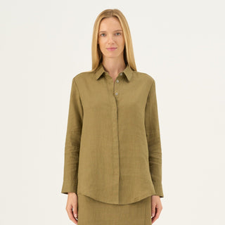 Olive Khaki Linen Azalea Shirt - Linen Tales Global 
