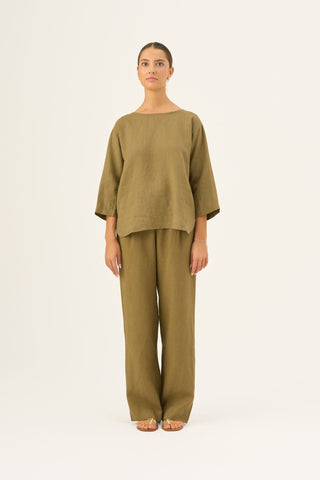 Olive Khaki Linen Bilberry Top - Linen Tales Global 