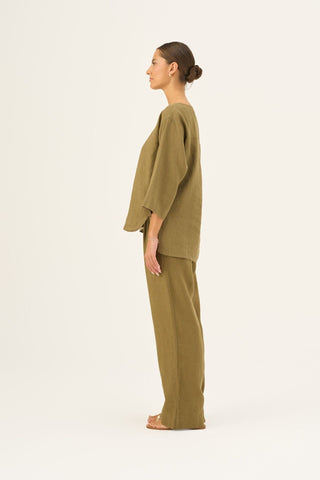 Olive Khaki Linen Bilberry Top - Linen Tales Global 3