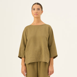 Olive Khaki Linen Bilberry Top - Linen Tales Global 