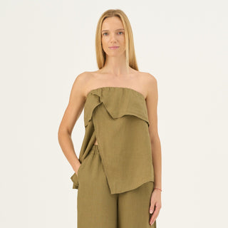 Olive Khaki Linen Candela Top - Linen Tales Global 