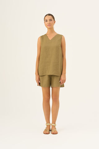 Olive Khaki Linen Daffodil Top - Linen Tales Global 