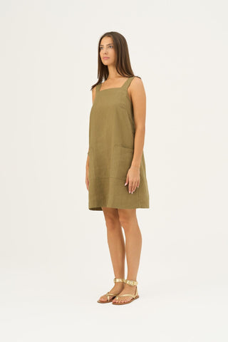 Olive Khaki Linen Fughetta Dress - Linen Tales Global 3