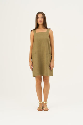 Olive Khaki Linen Fughetta Dress - Linen Tales Global 
