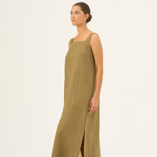 Olive Khaki Linen Fugue Dress - Linen Tales Global 