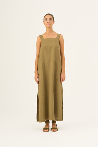 Olive Khaki Linen Fugue Dress - Linen Tales Global 