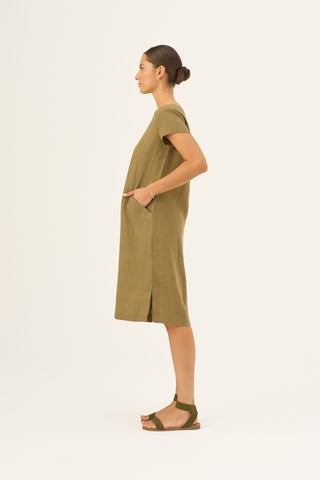 Olive Khaki Linen Goldenrod Dress - Linen Tales Global 3